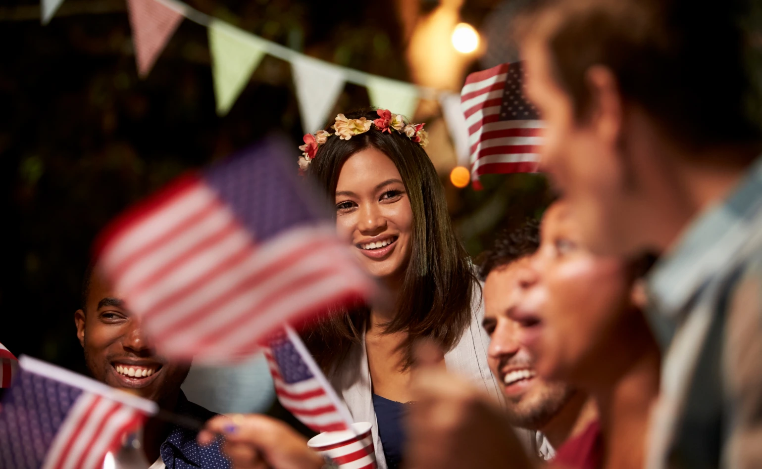 Customers celebrating with flags